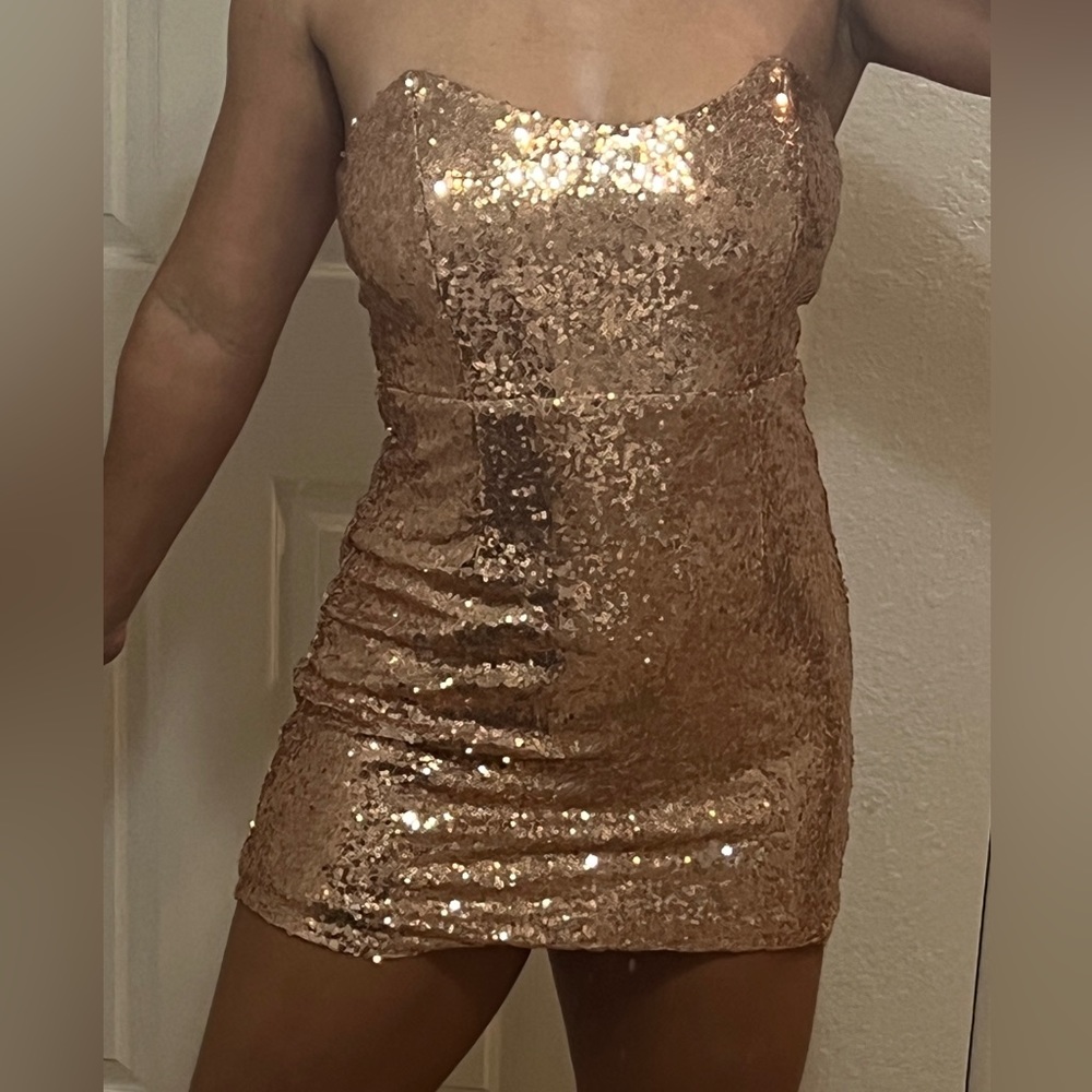 Lulus Gold Sequin Strapless Mini Party Dress
